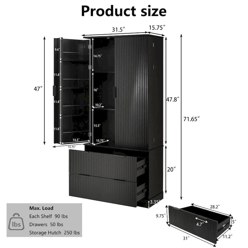 Black/White Farmhouse Style Freestanding Storage Cabinet with 2 Drawers, 8-Door Rack & 3 Shelves, for 1