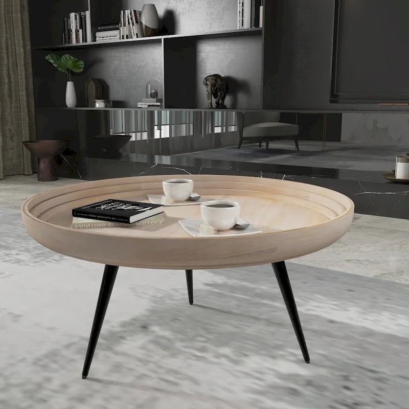 Washed White & Black Round Coffee Table, Mango Wood, 30" Dia x 15" H