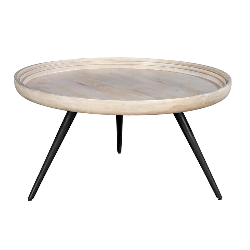 Washed White & Black Round Coffee Table, Mango Wood, 30" Dia x 15" H