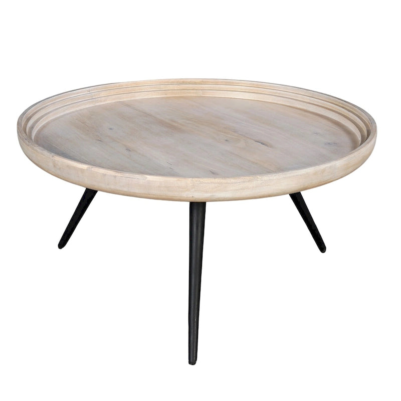 Washed White & Black Round Coffee Table, Mango Wood, 30" Dia x 15" H