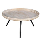 Washed White & Black Round Coffee Table, Mango Wood, 30" Dia x 15" H