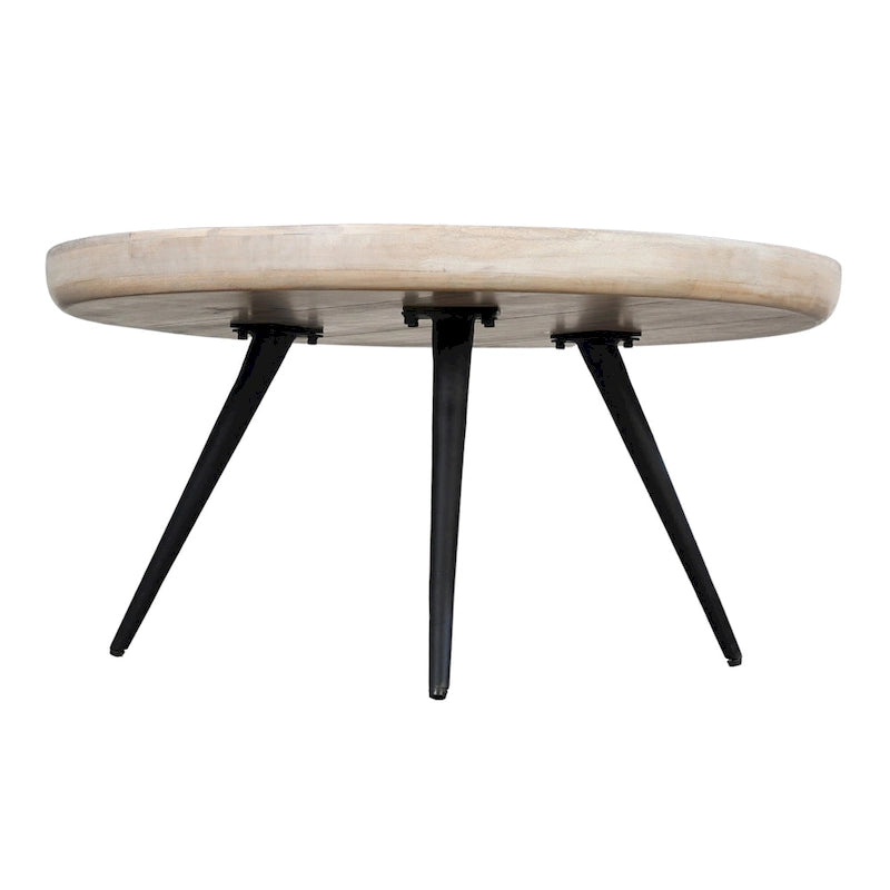 Washed White & Black Round Coffee Table, Mango Wood, 30" Dia x 15" H