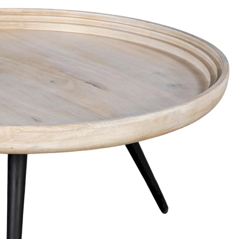 Washed White & Black Round Coffee Table, Mango Wood, 30" Dia x 15" H