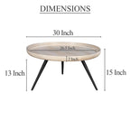 Washed White & Black Round Coffee Table, Mango Wood, 30" Dia x 15" H