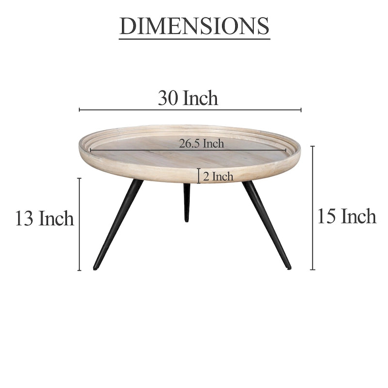 Washed White & Black Round Coffee Table, Mango Wood, 30" Dia x 15" H