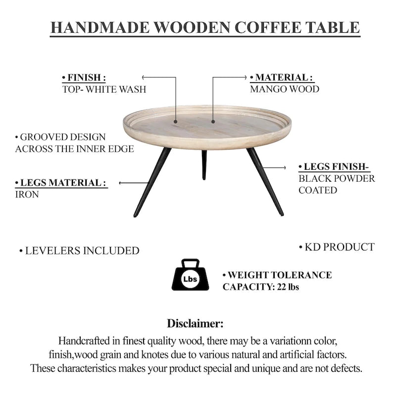 Washed White & Black Round Coffee Table, Mango Wood, 30" Dia x 15" H