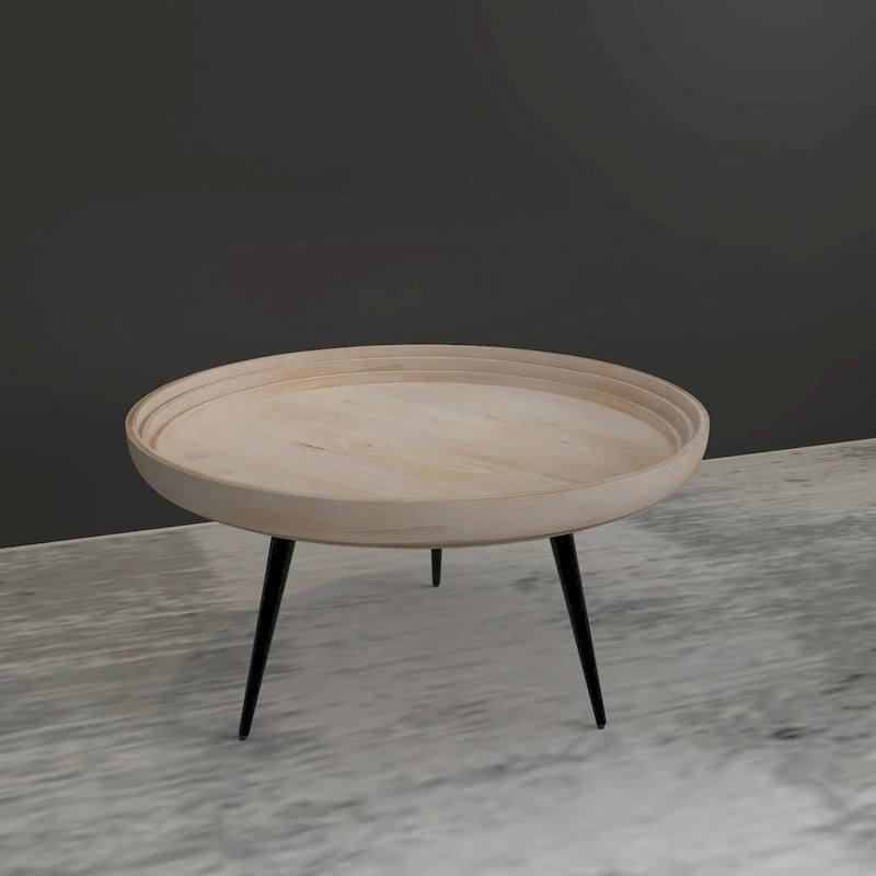 Washed White & Black Round Coffee Table, Mango Wood, 30" Dia x 15" H