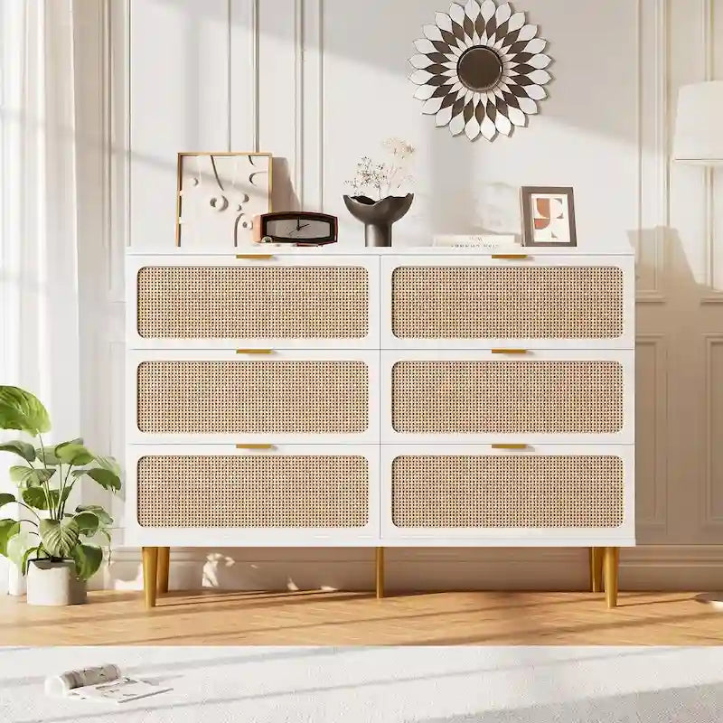 White Rattan 6-Drawer Dresser, Single