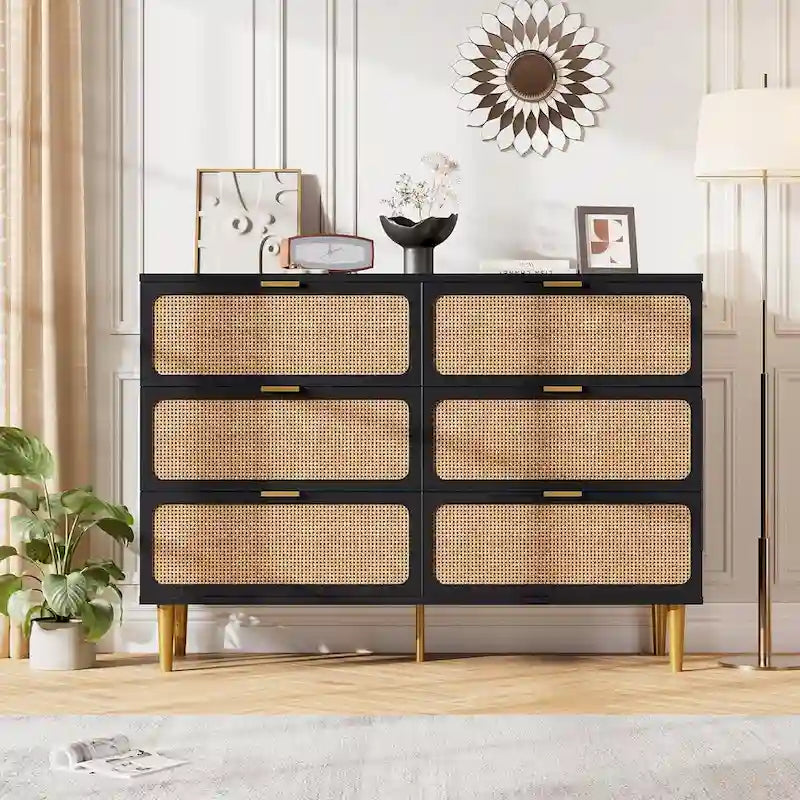 White Rattan 6-Drawer Dresser, Single