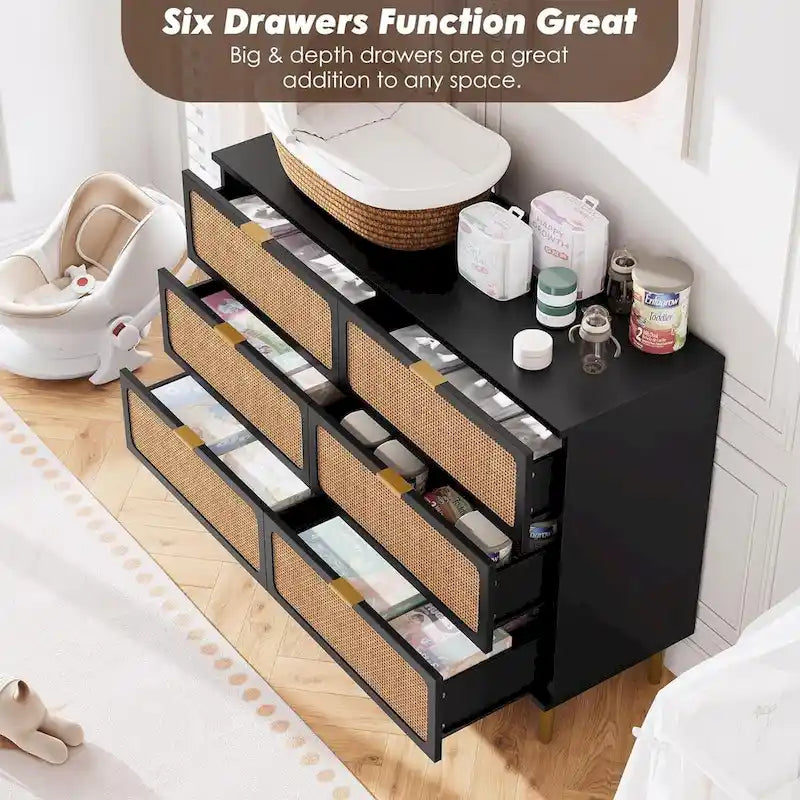 White Rattan 6-Drawer Dresser, Single