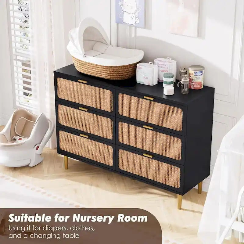 White Rattan 6-Drawer Dresser, Single