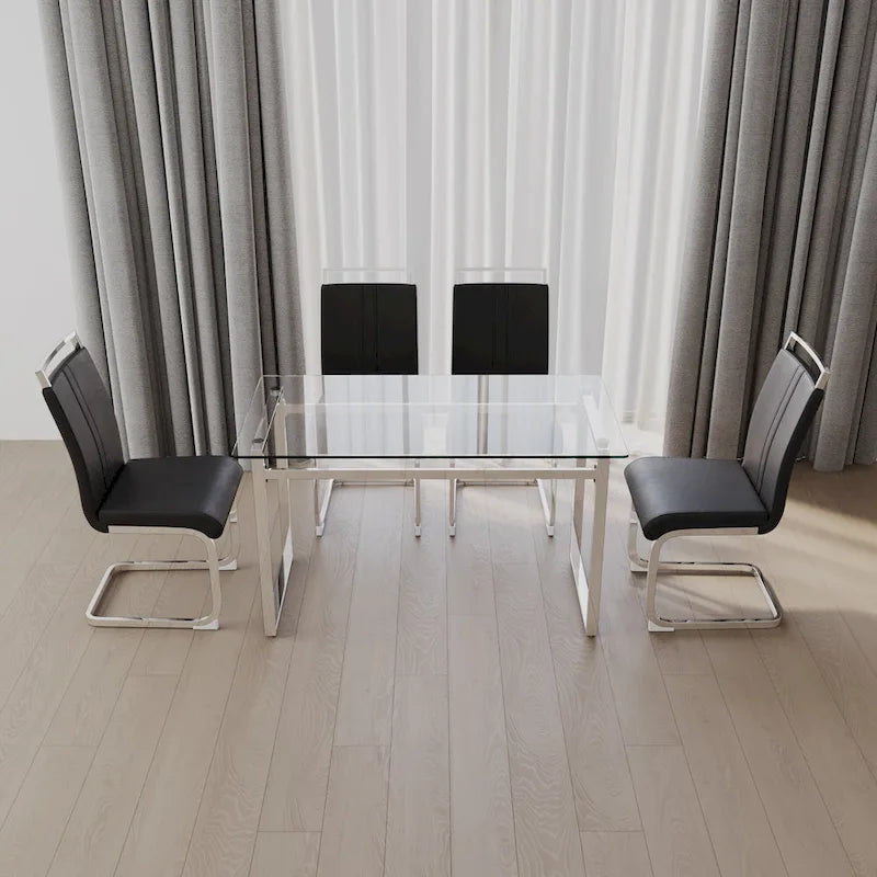 White/Black/Gray Square Glass Top 5-Piece Dining Set, Seats 4