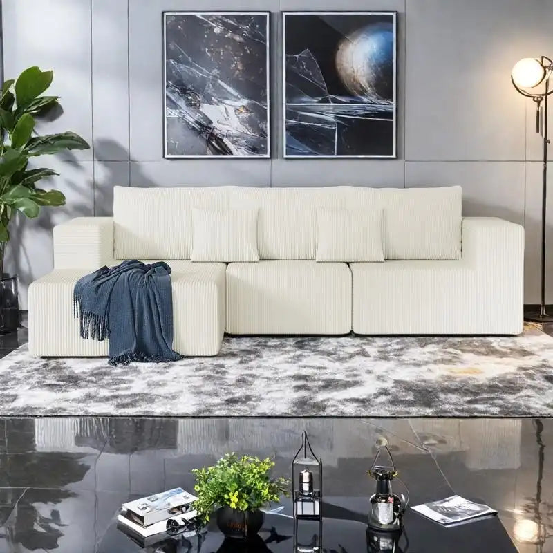 Corduroy L-Shaped Modular Sectional Sofa with Chaise, 4-Seat, Dark Grey / Green / Reddish Brown / Beige