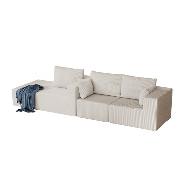 Corduroy L-Shaped Modular Sectional Sofa with Chaise, 4-Seat, Dark Grey / Green / Reddish Brown / Beige