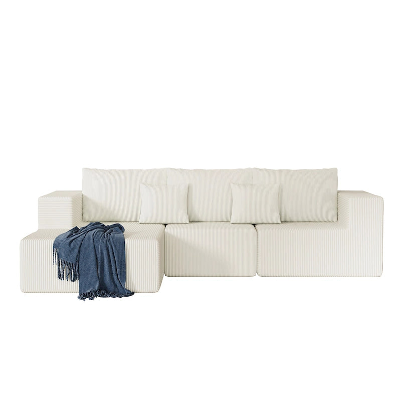 Corduroy L-Shaped Modular Sectional Sofa with Chaise, 4-Seat, Dark Grey / Green / Reddish Brown / Beige