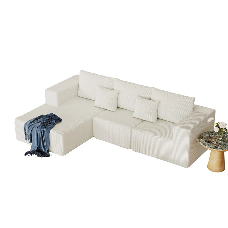 Corduroy L-Shaped Modular Sectional Sofa with Chaise, 4-Seat, Dark Grey / Green / Reddish Brown / Beige