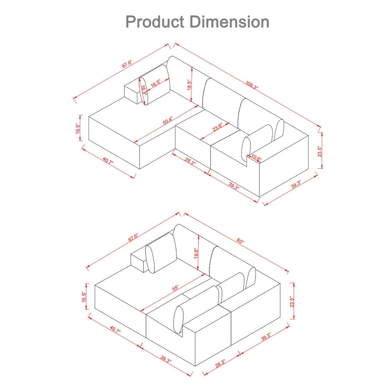 Corduroy L-Shaped Modular Sectional Sofa with Chaise, 4-Seat, Dark Grey / Green / Reddish Brown / Beige
