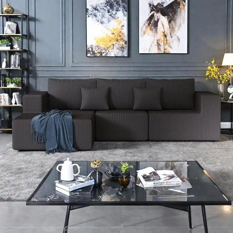 Corduroy L-Shaped Modular Sectional Sofa with Chaise, 4-Seat, Dark Grey / Green / Reddish Brown / Beige