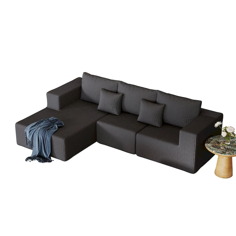 Corduroy L-Shaped Modular Sectional Sofa with Chaise, 4-Seat, Dark Grey / Green / Reddish Brown / Beige