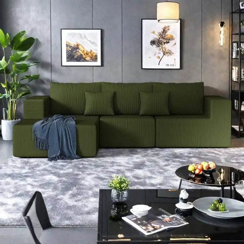 Corduroy L-Shaped Modular Sectional Sofa with Chaise, 4-Seat, Dark Grey / Green / Reddish Brown / Beige