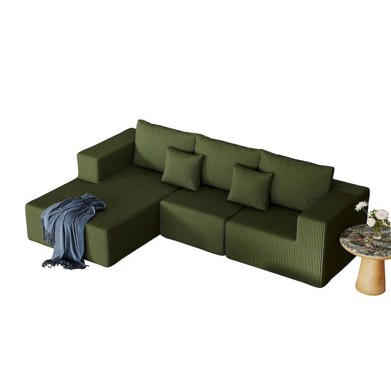 Corduroy L-Shaped Modular Sectional Sofa with Chaise, 4-Seat, Dark Grey / Green / Reddish Brown / Beige