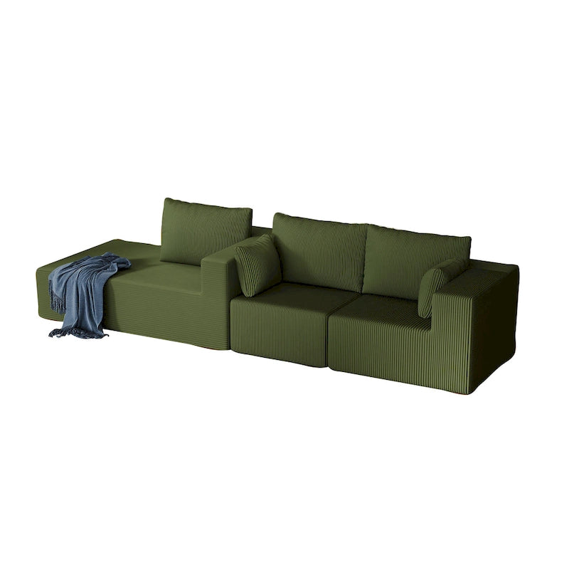 Corduroy L-Shaped Modular Sectional Sofa with Chaise, 4-Seat, Dark Grey / Green / Reddish Brown / Beige