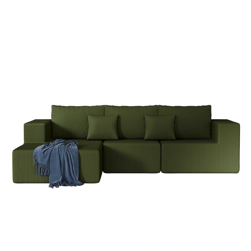 Corduroy L-Shaped Modular Sectional Sofa with Chaise, 4-Seat, Dark Grey / Green / Reddish Brown / Beige