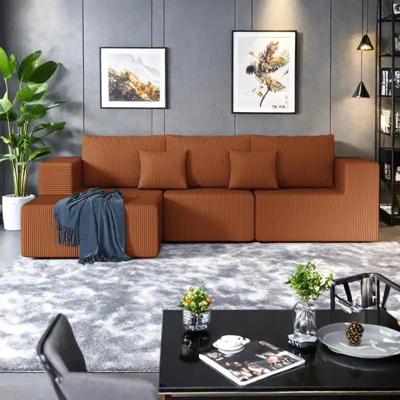 Corduroy L-Shaped Modular Sectional Sofa with Chaise, 4-Seat, Dark Grey / Green / Reddish Brown / Beige
