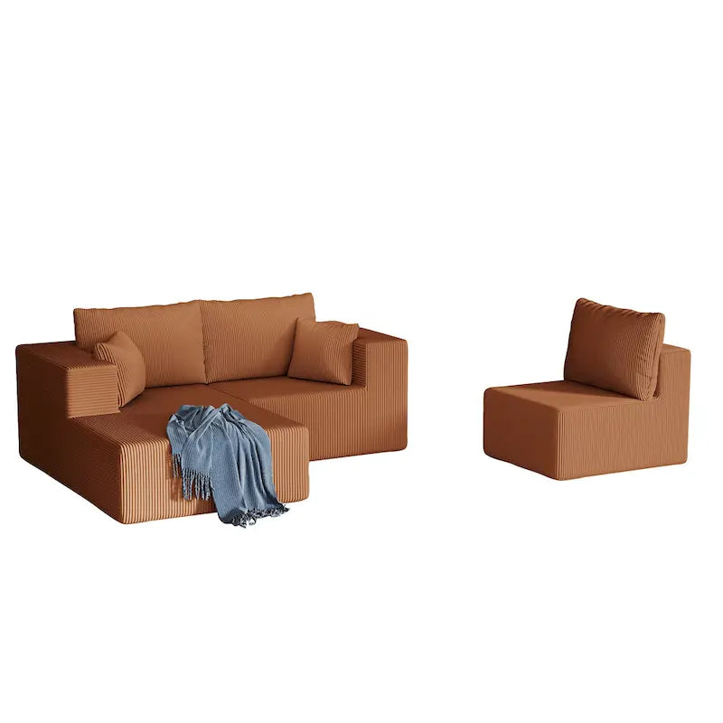 Corduroy L-Shaped Modular Sectional Sofa with Chaise, 4-Seat, Dark Grey / Green / Reddish Brown / Beige