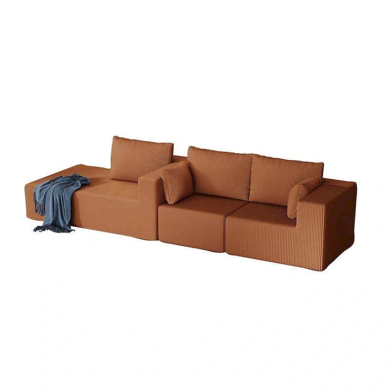 Corduroy L-Shaped Modular Sectional Sofa with Chaise, 4-Seat, Dark Grey / Green / Reddish Brown / Beige
