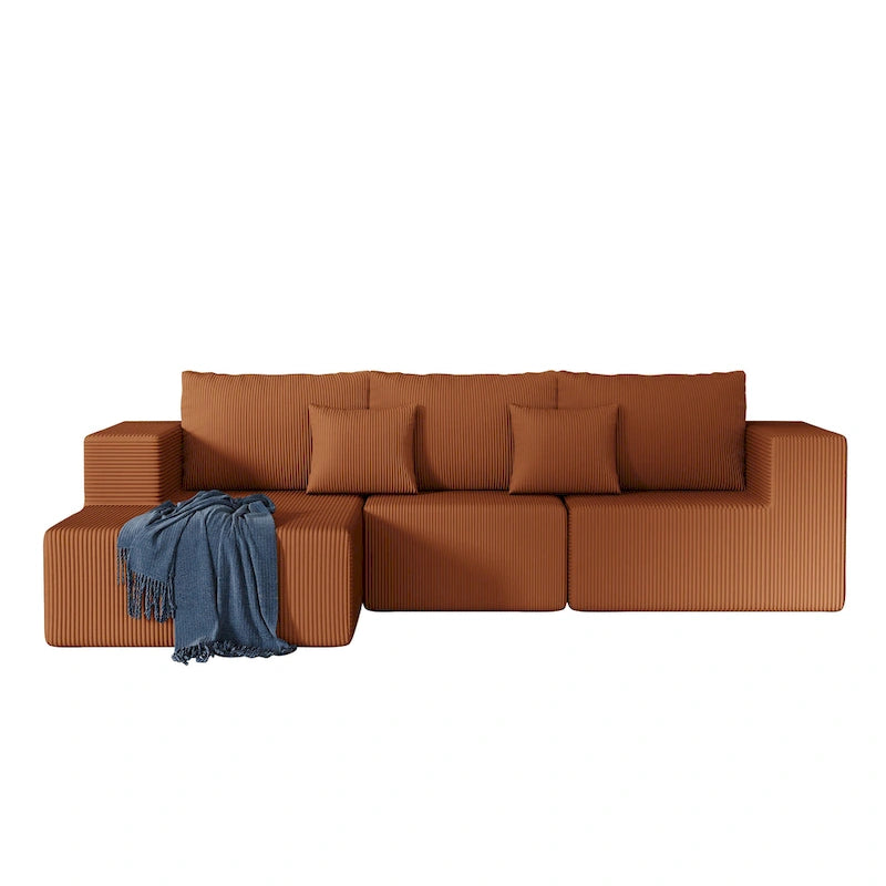 Corduroy L-Shaped Modular Sectional Sofa with Chaise, 4-Seat, Dark Grey / Green / Reddish Brown / Beige