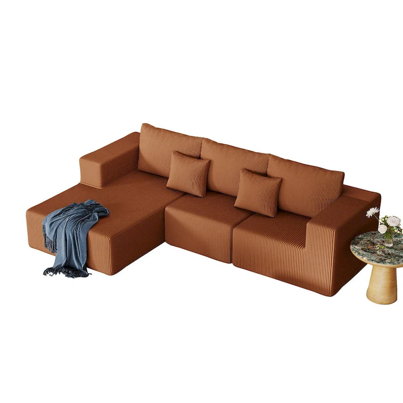 Corduroy L-Shaped Modular Sectional Sofa with Chaise, 4-Seat, Dark Grey / Green / Reddish Brown / Beige