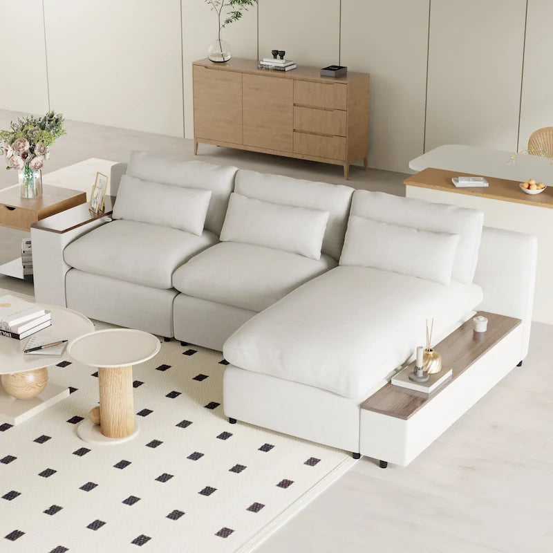 Beige L-Shaped 3-Seat Sofa with Storage, Fabric Upholstery