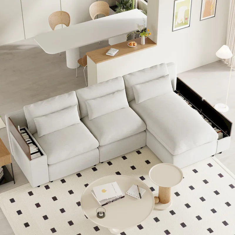 Beige L-Shaped 3-Seat Sofa with Storage, Fabric Upholstery