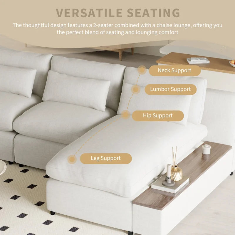 Beige L-Shaped 3-Seat Sofa with Storage, Fabric Upholstery