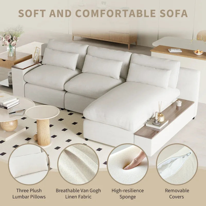 Beige L-Shaped 3-Seat Sofa with Storage, Fabric Upholstery