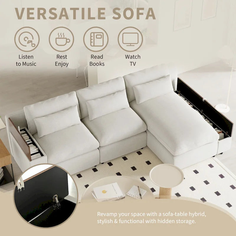 Beige L-Shaped 3-Seat Sofa with Storage, Fabric Upholstery