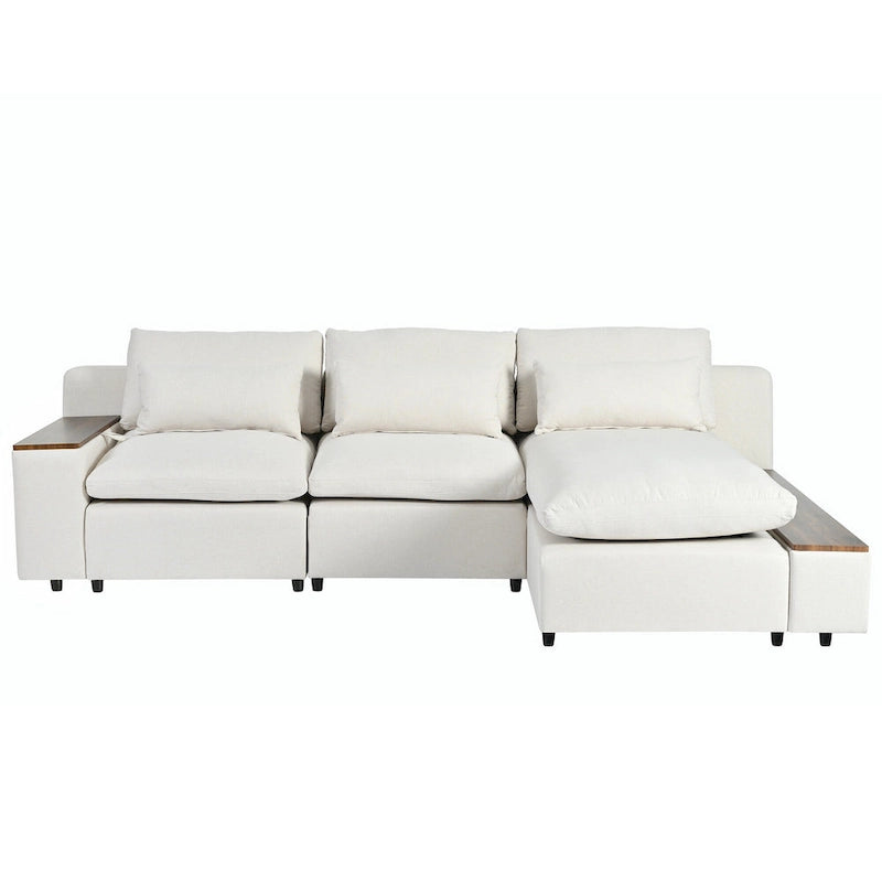 Beige L-Shaped 3-Seat Sofa with Storage, Fabric Upholstery