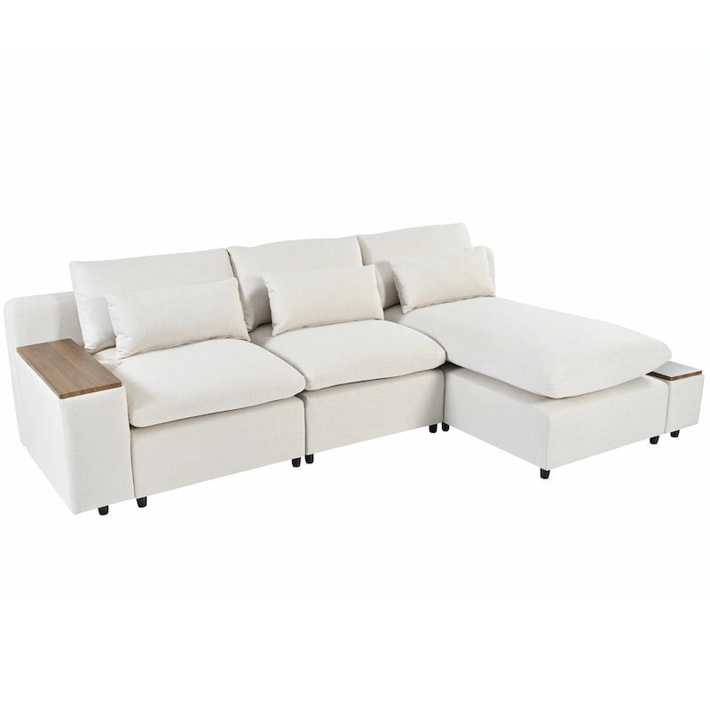 Beige L-Shaped 3-Seat Sofa with Storage, Fabric Upholstery