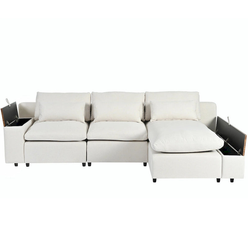 Beige L-Shaped 3-Seat Sofa with Storage, Fabric Upholstery