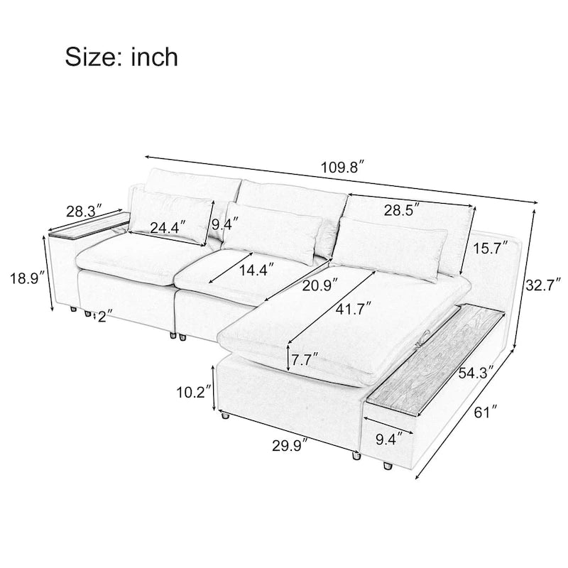 Beige L-Shaped 3-Seat Sofa with Storage, Fabric Upholstery