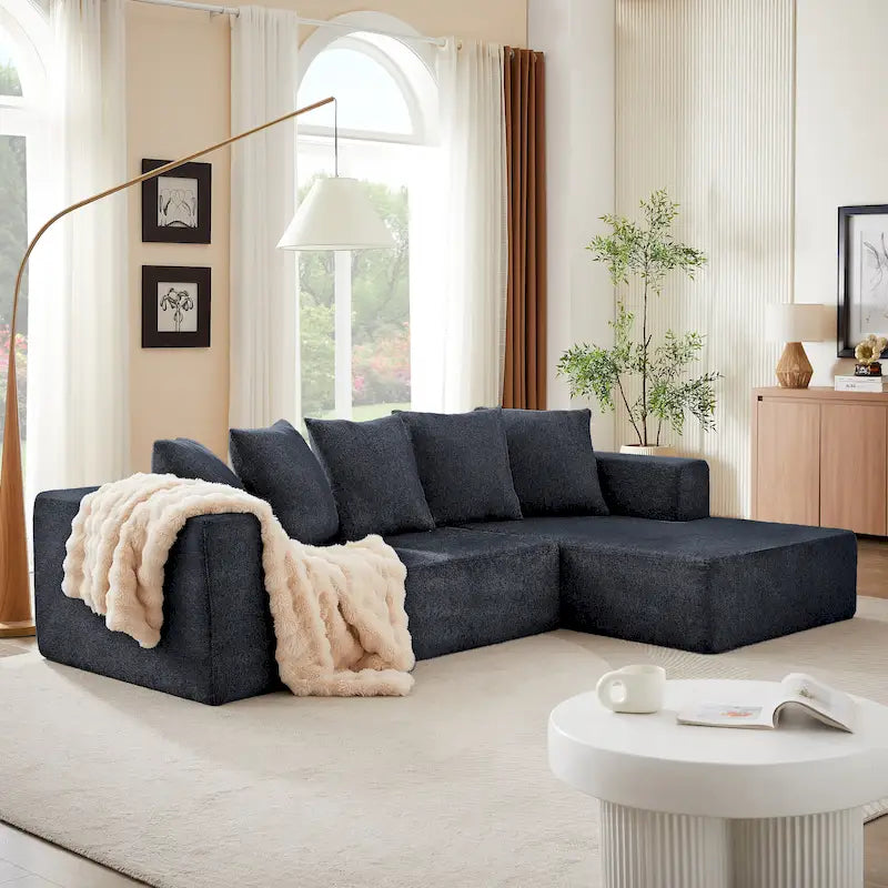 Blue/Grey Chenille Right L-Shaped Sectional Sofa, 2-Piece, 2-3 Seater
