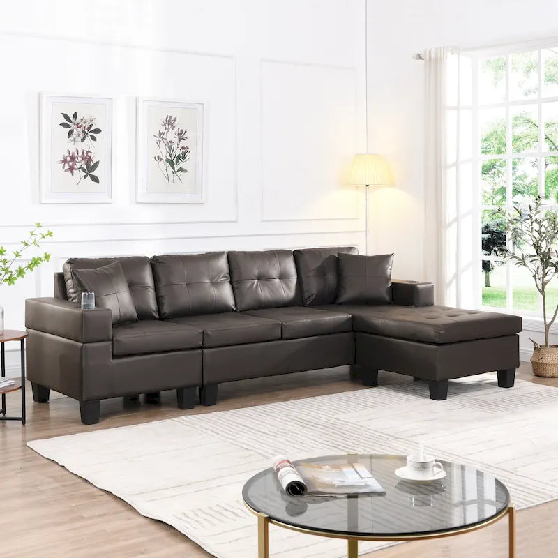 Dark Brown L-Shaped Sectional Sofa with Chaise, 4-Seat