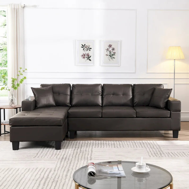 Dark Brown L-Shaped Sectional Sofa with Chaise, 4-Seat