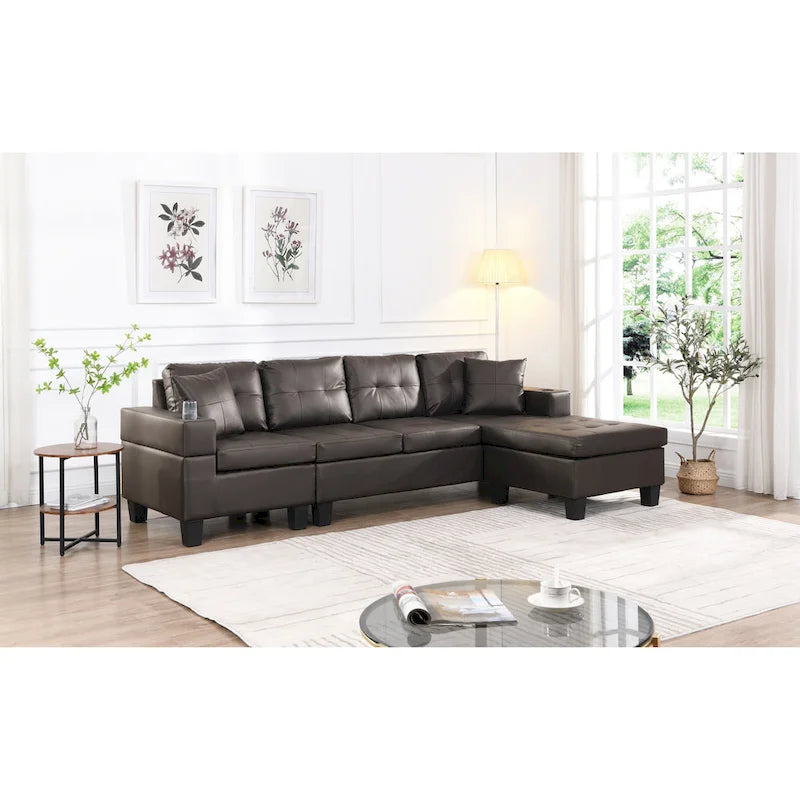 Dark Brown L-Shaped Sectional Sofa with Chaise, 4-Seat