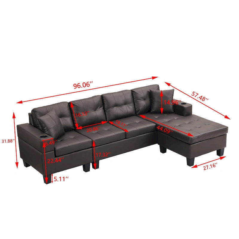 Dark Brown L-Shaped Sectional Sofa with Chaise, 4-Seat