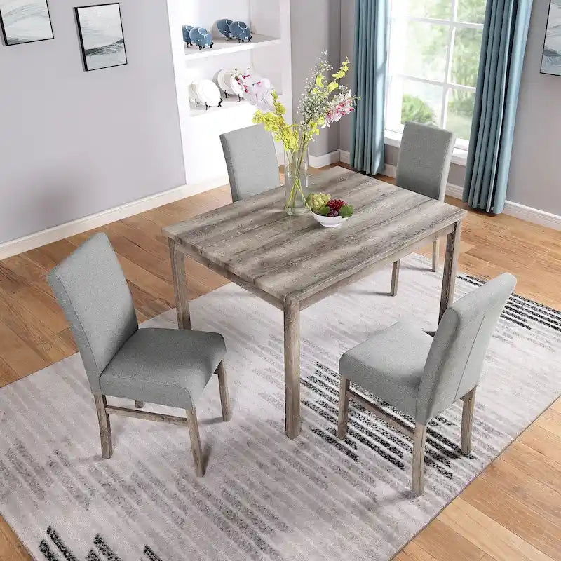 Rustic 5-Piece Dining Set, Rectangular Table & 4 Upholstered Chairs, Seats 4, Antique Yellow+Gray / Black+Gray