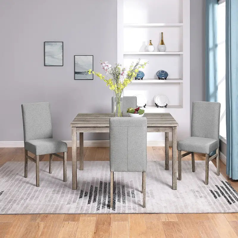 Rustic 5-Piece Dining Set, Rectangular Table & 4 Upholstered Chairs, Seats 4, Antique Yellow+Gray / Black+Gray