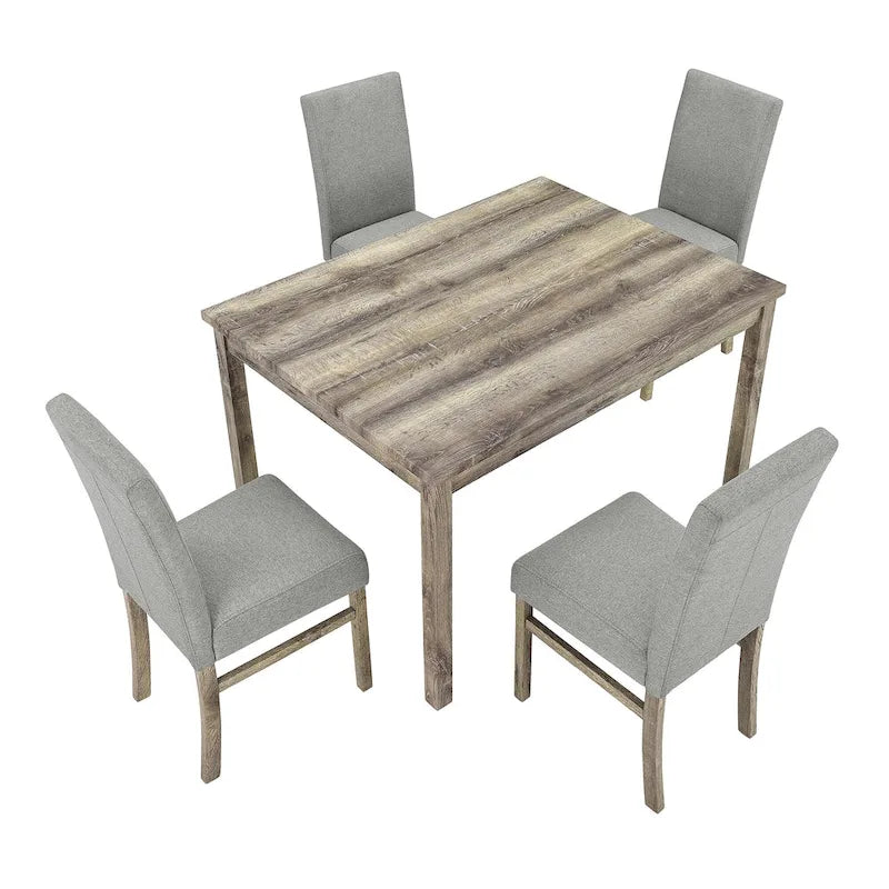Rustic 5-Piece Dining Set, Rectangular Table & 4 Upholstered Chairs, Seats 4, Antique Yellow+Gray / Black+Gray