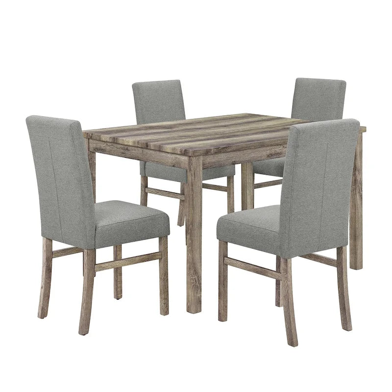 Rustic 5-Piece Dining Set, Rectangular Table & 4 Upholstered Chairs, Seats 4, Antique Yellow+Gray / Black+Gray